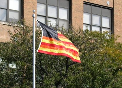 "Freedom to Fear" - a sculpture flying over Chicago's Eisenhower Expressway prior to inclusion in "The Four Freedoms" art show.