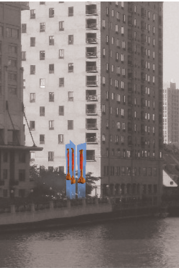 Chicago riverfront with TriWing, a sculptural media proposal for branding and communication.